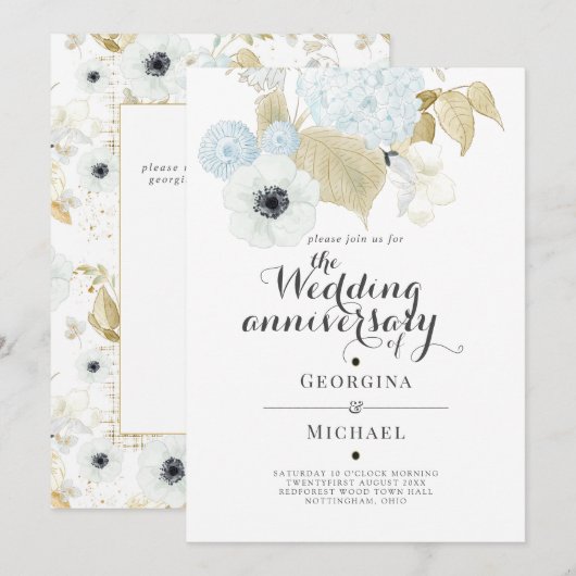 アクアマリン ブルー ゴールド フラワー ウェディング アニバーサリー 招待状 (正面/裏面)