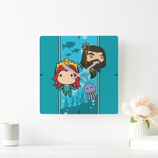 アクアマン |チビ(小さくかわいく書いた感じ)メラ&アクアマンアンダーシーグラフィック スクエア壁時計 (ホーム)