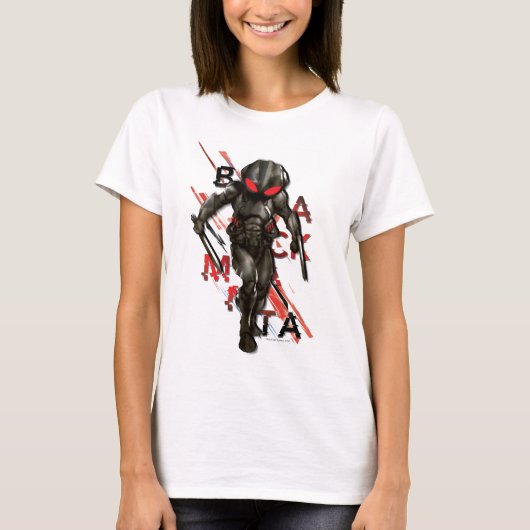 アクアマン |ブラックマンタ散乱タイポグラフィ図 Tシャツ (正面)