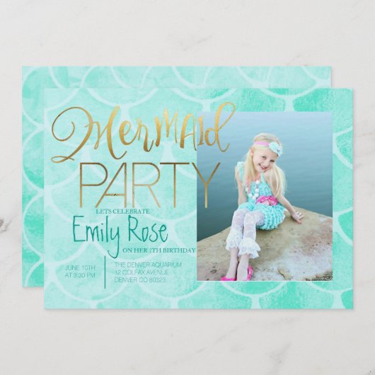アクアマーメイドパーティー |海の下の誕生日写真 招待状 (正面/裏面)