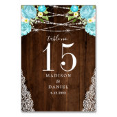 アクアミントの木製ストリングライト付きフラワーの結婚式 テーブルナンバー (裏面)