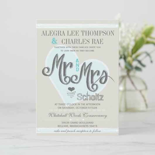 アクアミントのMr.とMrs. タイポグラフィー結婚式 招待状 (スタンド正面)