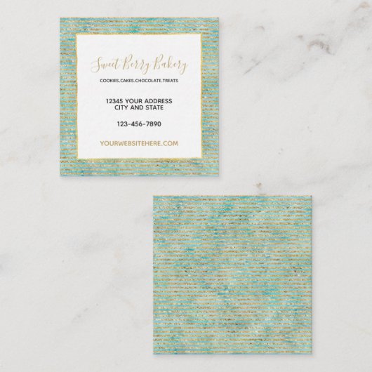 アクアミントウォーター色ストライプ金ゴールドフェイクグリッター スクエア名刺 (正面/裏面)
