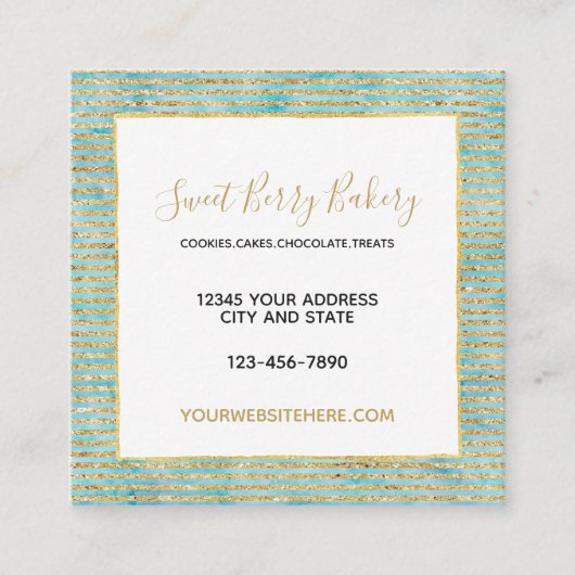 アクアミントウォーター色ストライプ金ゴールドフェイクグリッター スクエア名刺 (正面)