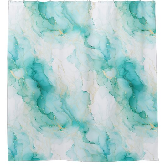 アクアミントグリーン金ゴールドホワイトマーブル シャワーカーテン (正面)