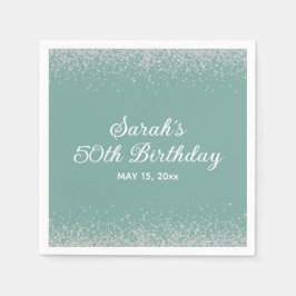 アクアミントシルバーダイヤモンドグリッター50誕生日 スタンダードカクテルナプキン
