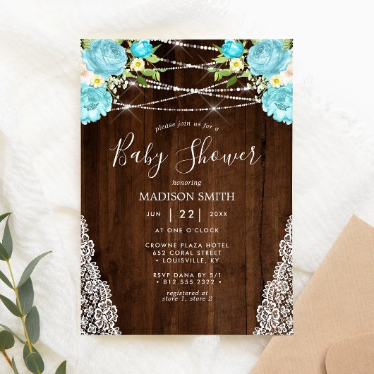 アクアミントストリ素朴ングライトフローラベビーシャワー 招待状