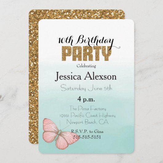 アクアミントピンクバタフライ金ゴールドグリッター 招待状 (正面/裏面)