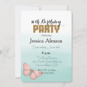 アクアミントピンクバタフライ金ゴールドグリッター 招待状 (正面)