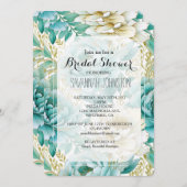 アクアミントホワイトクリーム金ゴールドフローラブライダルシャワー 招待状 (正面/裏面)