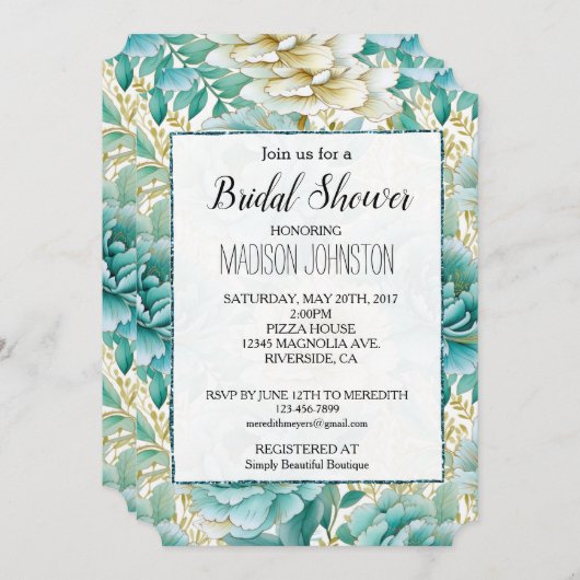 アクアミントホワイトフローラブライダルシャワー 招待状 (正面/裏面)