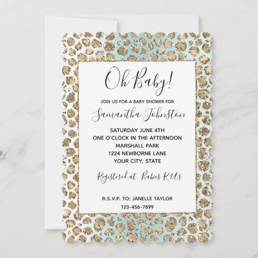 アクアミントホワイト金ゴールドグラムグリッターヒョウ 招待状 (正面)