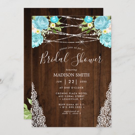 アクアミント素朴ストリングライトフローラブライダルシャワー 招待状 (正面/裏面)