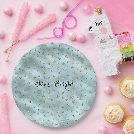 アクアミント金ゴールドグリッタースターズ ペーパープレート (パーティー)