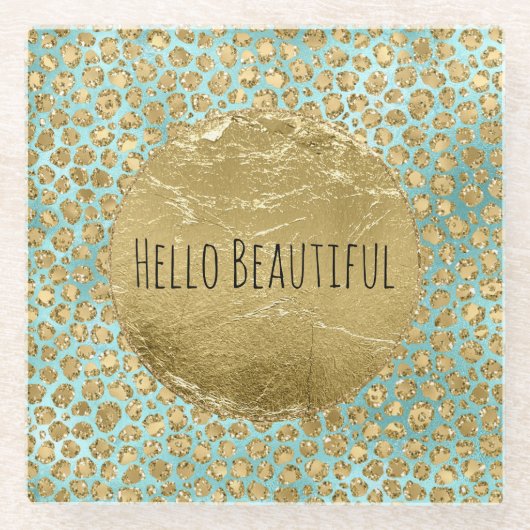 アクアミント金ゴールドグリッツグリッターレオパード ガラスコースター (正面)