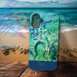 アクアモダングラデーショングリーンブルー花 iPhone 16 PLUSケース