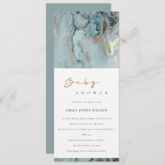 アクアモダンダスキーブルー金ゴールドアガート赤ちゃんシャワー 招待状 (正面/裏面)