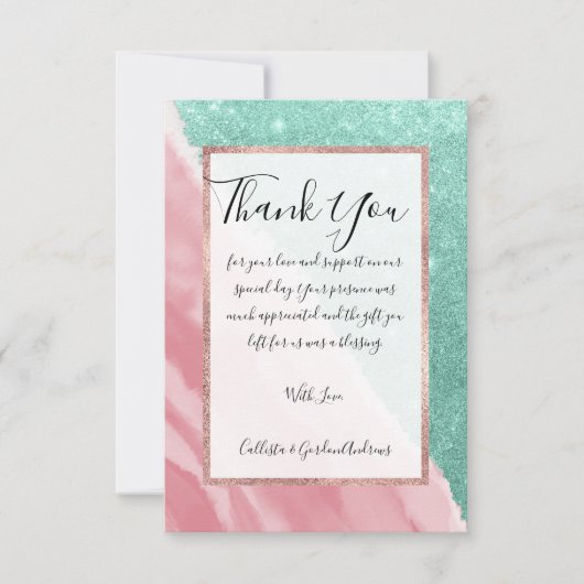 アクアモダンティール(緑がかった色)ピンクグリッター水彩ビーチ サンキューカード (正面)