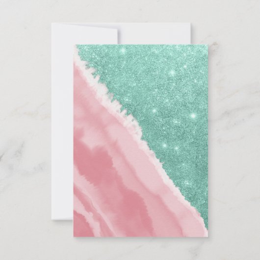 アクアモダンティール（緑がかった色）ピンクグリッター水彩ビーチ サンキューカード (裏面)