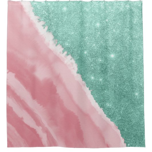アクアモダンティール（緑がかった色）ピンクグリッター水彩ビーチ シャワーカーテン (正面)