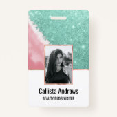 アクアモダンティール（緑がかった色）ピンクグリッター水彩ビーチ バッジ (正面)