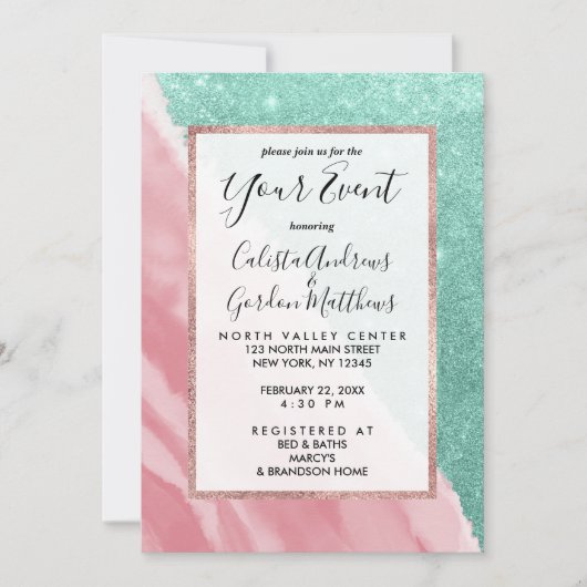 アクアモダンティール（緑がかった色）ピンクグリッター水彩ビーチ 招待状 (正面)