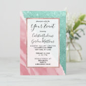 アクアモダンティール（緑がかった色）ピンクグリッター水彩ビーチ 招待状 (スタンド正面)