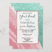 アクアモダンティール（緑がかった色）ピンクグリッター水彩ビーチ 招待状 (正面/裏面)