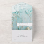 アクアモダンティール(緑がかった色)ブルー金ゴールドアガート抽象芸術結婚ズ オールインワン招待状 (外側)