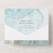 アクアモダンティール(緑がかった色)ブルー金ゴールドアガート抽象芸術結婚ズ オールインワン招待状 (裏面)