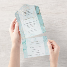 アクアモダンティール（緑がかった色）ブルー金ゴールドアガート抽象芸術結婚ズ オールインワン招待状