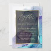 アクアモダンティール(緑がかった色)深いパープルアルコールインク 招待状 (正面)