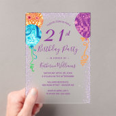 アクアモダンパープルバルーン21歳の誕生日パーティー アクリル招待状 (インサイチュ (ポータブル))