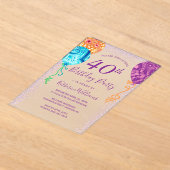 アクアモダンパープルバルーン40歳の誕生日パーティー アクリル招待状 (レイダウン)