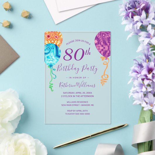 アクアモダンパープルバルーン80th誕生日パーティー アクリル招待状 (インサイチュ (ウェディング))
