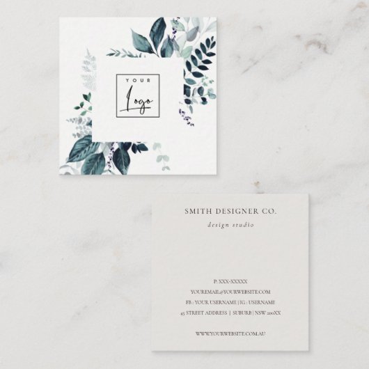 アクアモダンブルーの葉のトロピカルフェーンロゴ スクエア名刺 (正面/裏面)