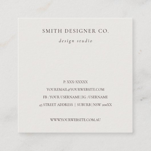 アクアモダンブルーの葉のトロピカルフェーンロゴ スクエア名刺 (裏面)