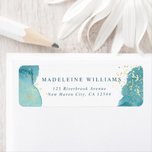 アクアモダンブルーウォーターカラー金ゴールド差出人住所 ラベル (インサイチュ)