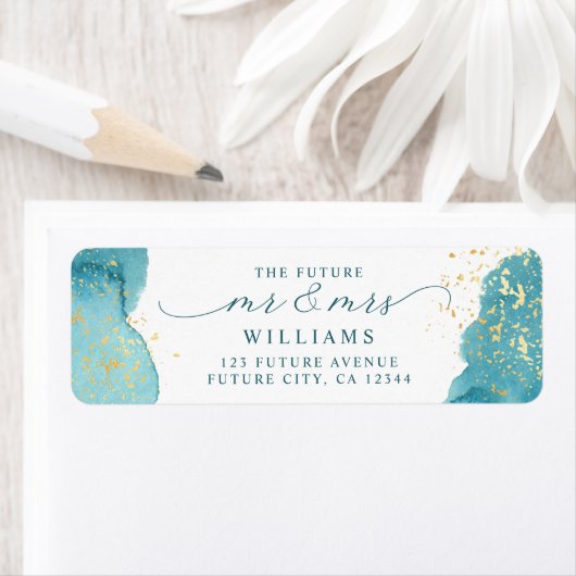 アクアモダンブルーウォーターカラー金ゴールド差出人住所 ラベル (インサイチュ)