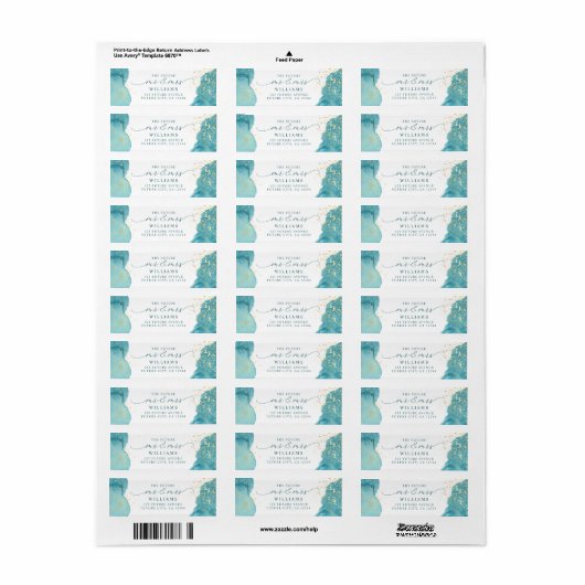 アクアモダンブルーウォーターカラー金ゴールド差出人住所 ラベル (フルシート)