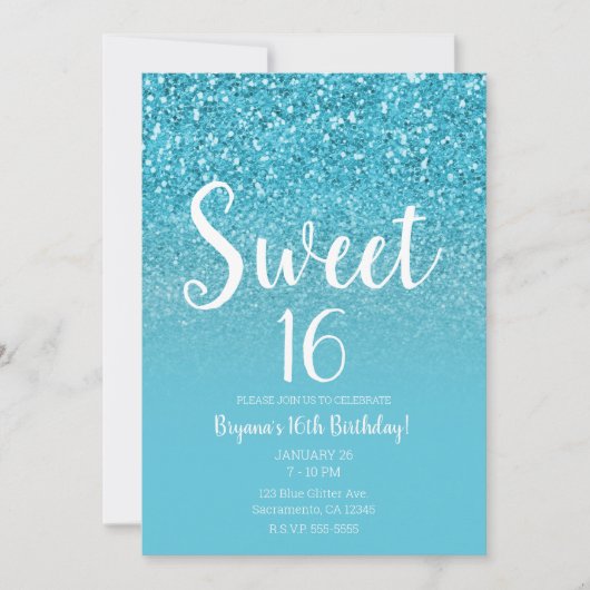 アクアモダンブルーグラムグリッタースウィート16 招待状 (正面)