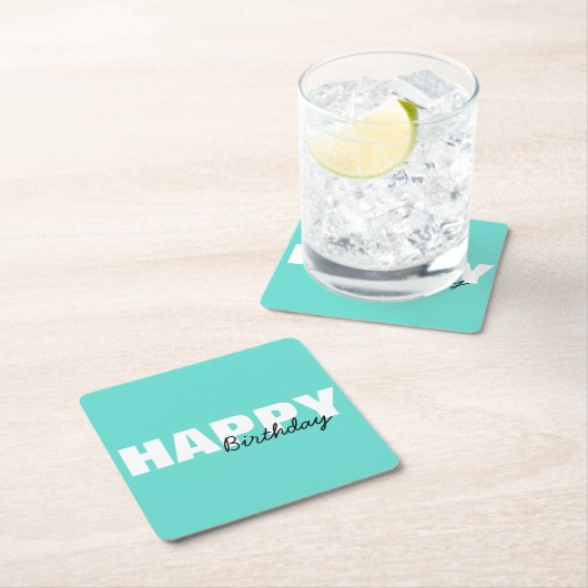 アクアモダンブルータイポグラフィハッピーバースデーパーティー スクエアペーパーコースター (インサイチュ)