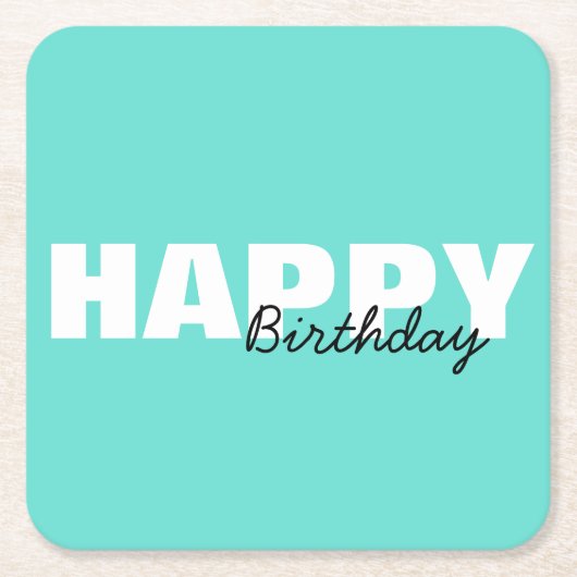 アクアモダンブルータイポグラフィハッピーバースデーパーティー スクエアペーパーコースター (正面)