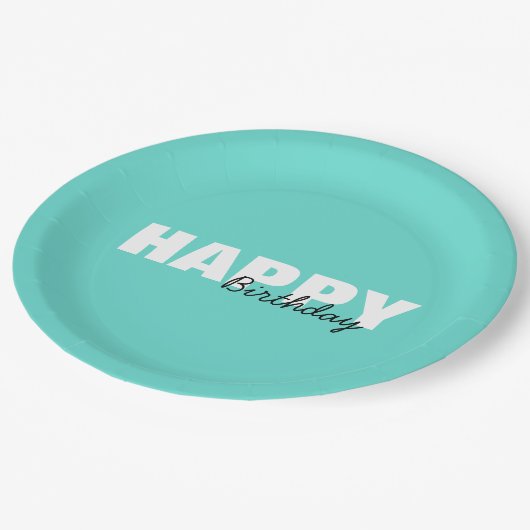 アクアモダンブルータイポグラフィハッピーバースデー ペーパープレート (アングル)