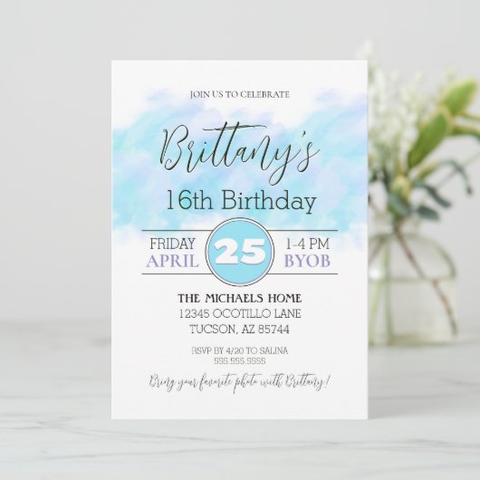アクアモダンブルー16th任意の誕生日招待状 招待状 (スタンド正面)
