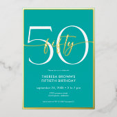 アクアモダンミニマル50文字誕生日 箔招待状 (正面)