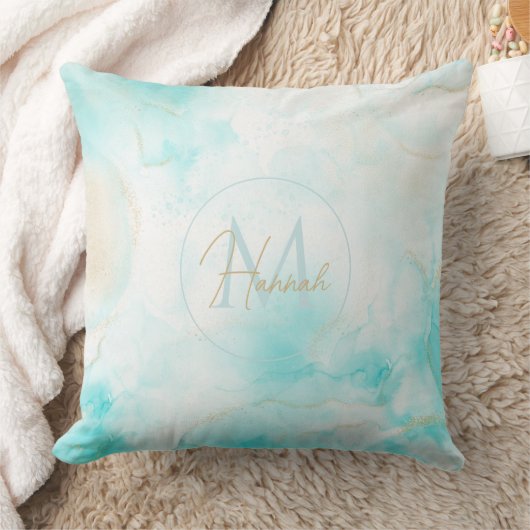 アクアモダン金ゴールドアルコールインクアートウォーターカラー海 クッション (ブランケット)