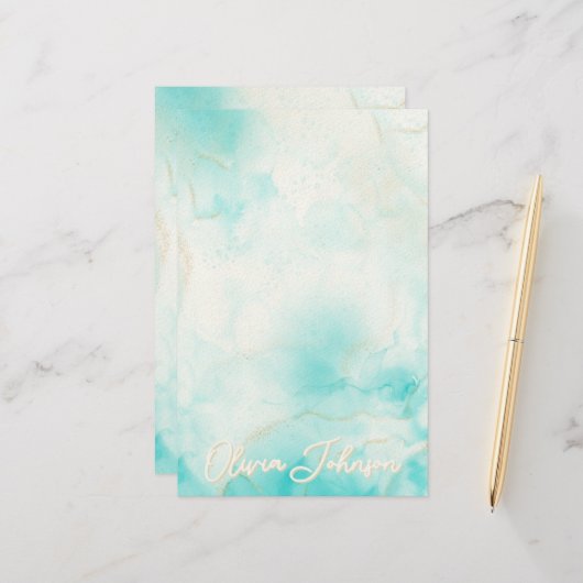 アクアモダン金ゴールドアルコールインクアートウォーターカラー海 便箋 (正面/裏面インサイチュ)