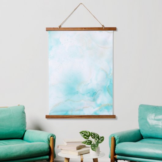 アクアモダン金ゴールドアルコールインクアートウォーターカラー海 吊り下げ型タペストリー (リビング)