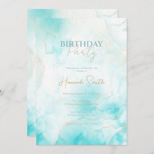 アクアモダン金ゴールドアルコールインクアートウォーターカラー海 招待状 (正面/裏面)